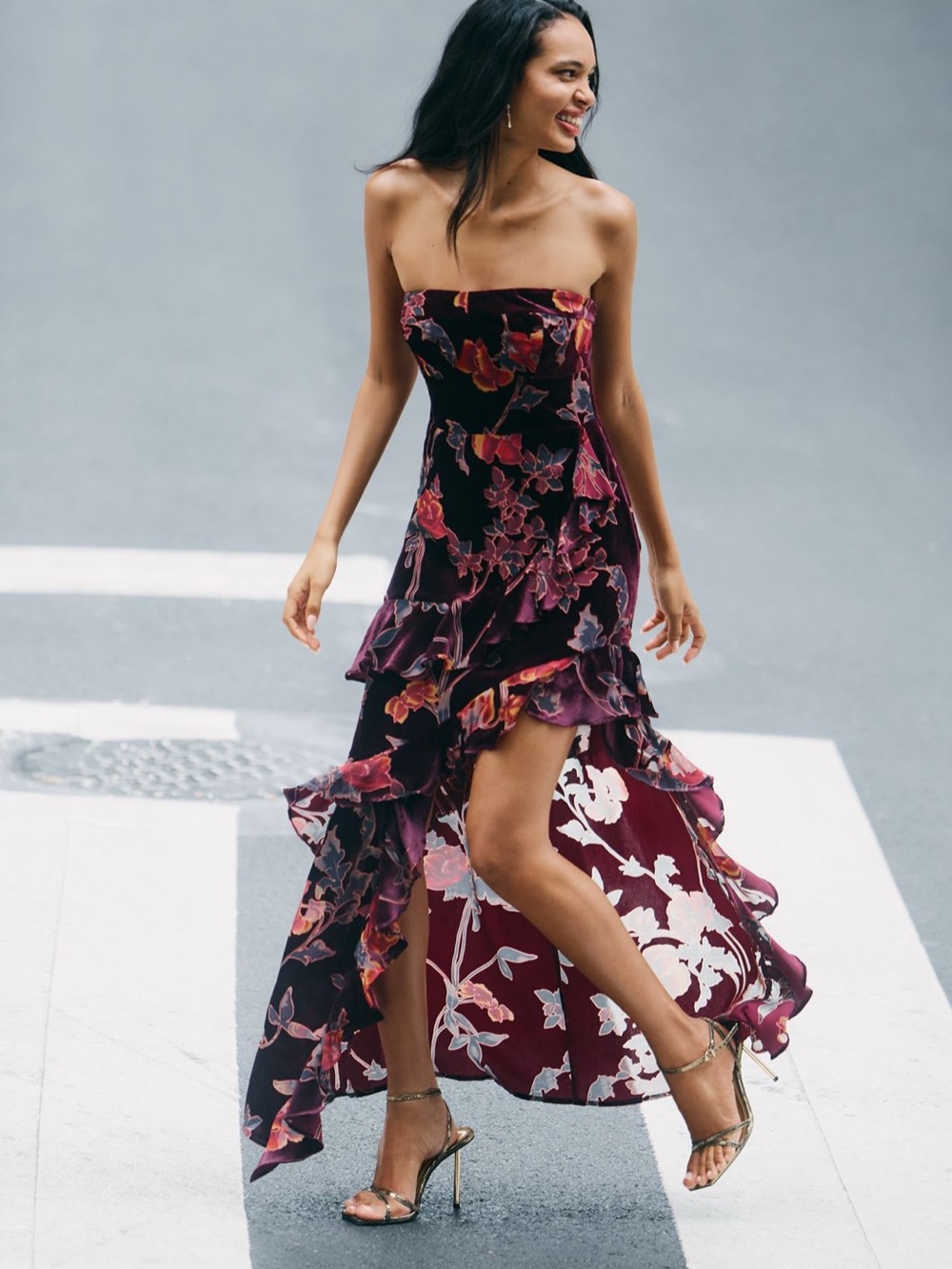 Endless Rose Strapless Ruffles Velvet High-Low Dress